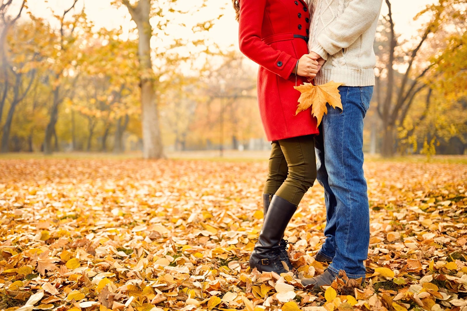 A man and woman hugging in a park with leaves.