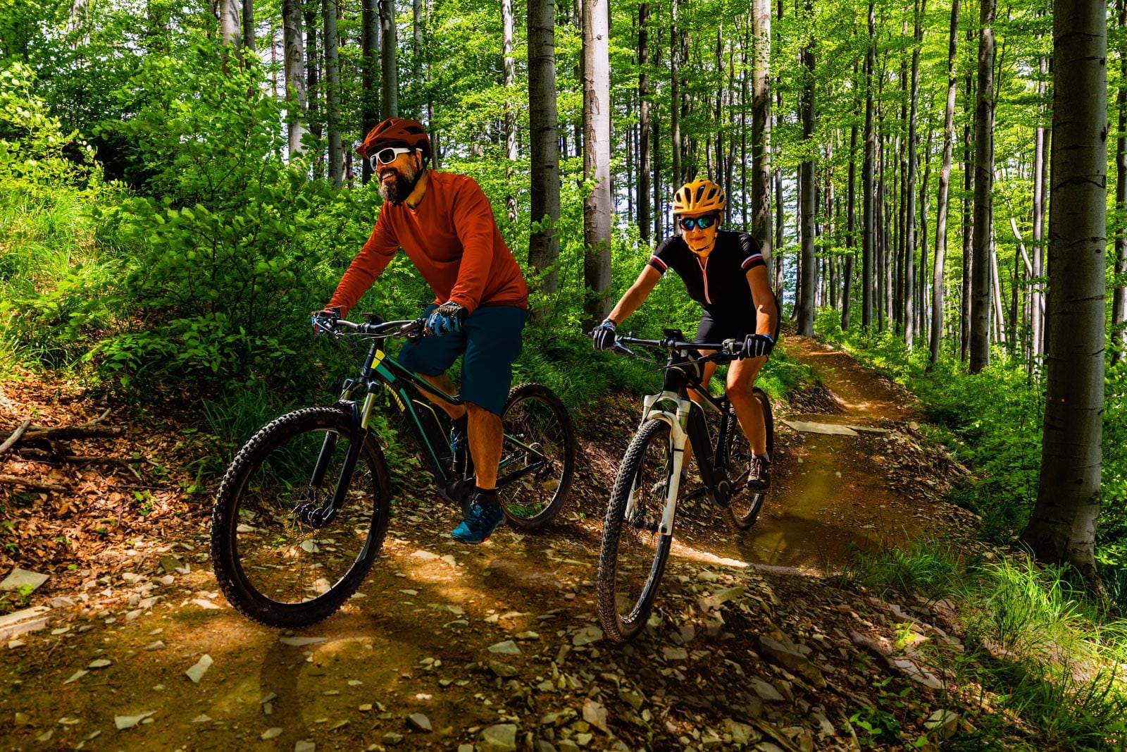 Two people ride mountain bikes on a dirt trail through a green forest with sunlight filtering through the trees.