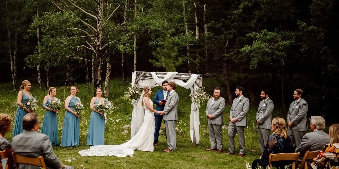 A bride and groom stand under a decorated arch outdoors, holding hands, with bridesmaids in blue and groomsmen in gray suits standing on either side.