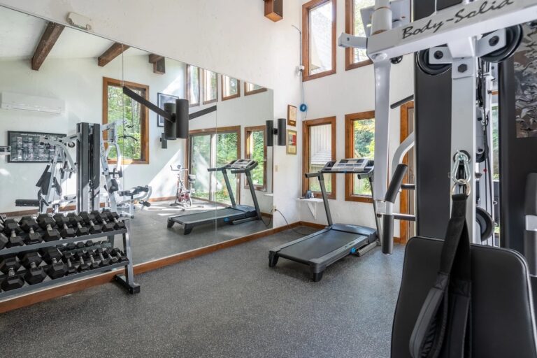 Home gym with two treadmills, a rack of dumbbells, large wall mirror, weight machine, and several windows letting in natural light.