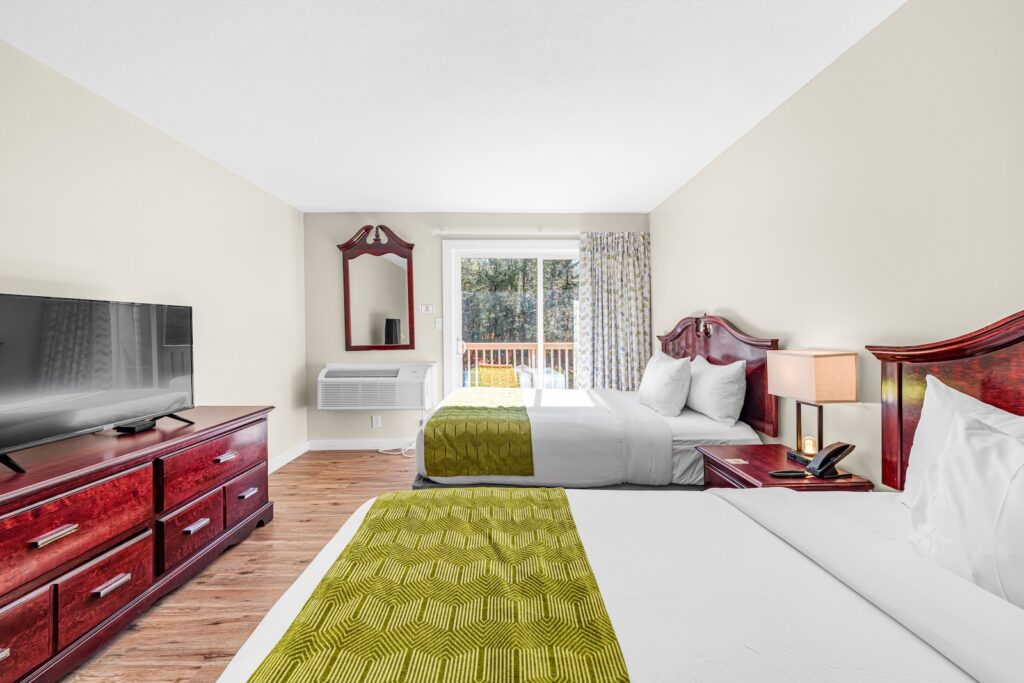 Hotel room with two beds, a dresser with a TV, a mirror, bedside lamp, window with curtains, and wooden furniture. Natural light enters through the glass door at the back.
