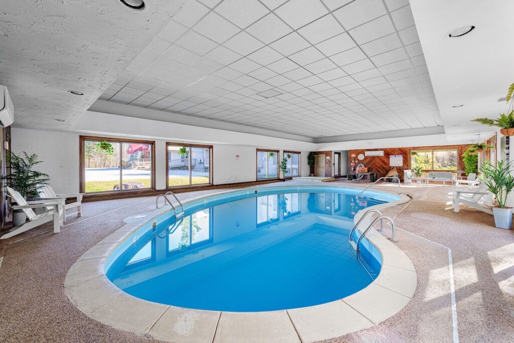 Indoor swimming pool with curved edges, surrounded by lounge chairs, large windows, potted plants, and natural light filling the space.