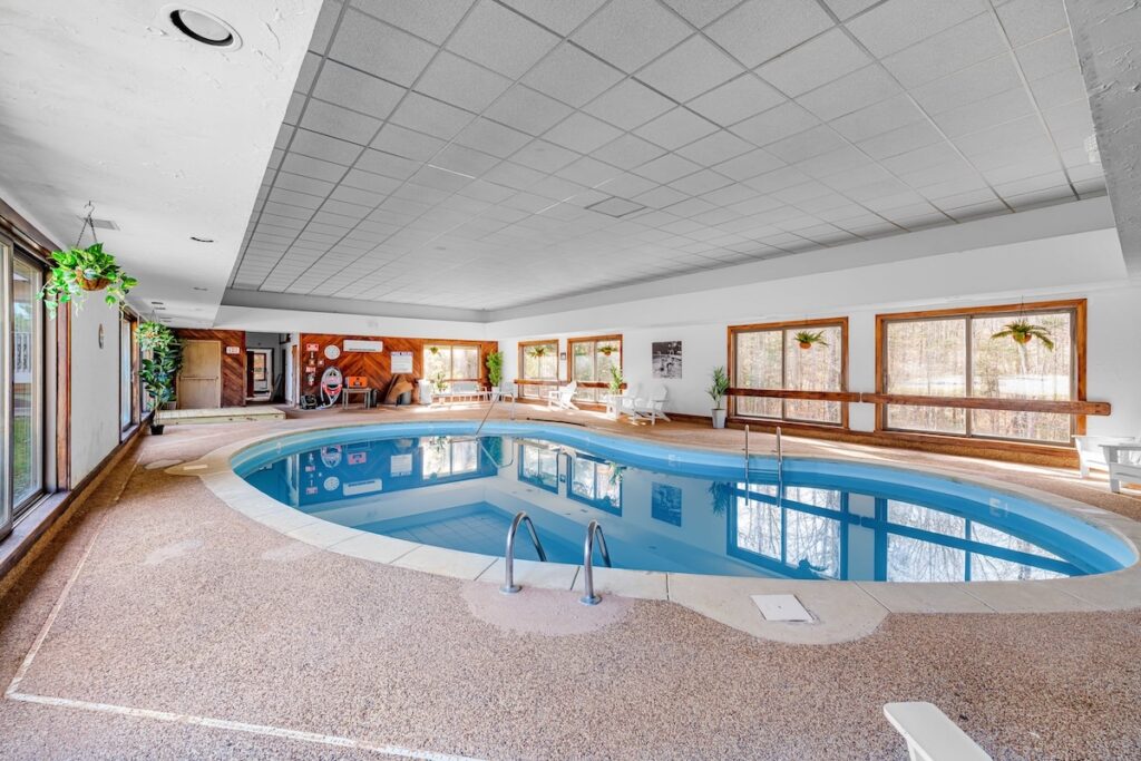 Indoor pool room with oval-shaped swimming pool, lounge chairs, large windows showing trees outside, and potted plants hanging by the windows.